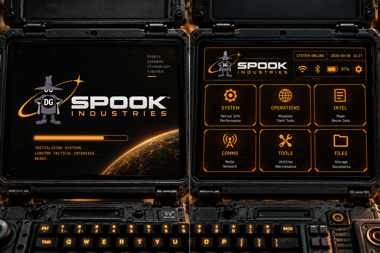 Spook Industries tactical amber cyberdeck screen